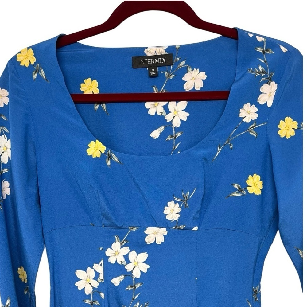 Intermix Mariabella Blue Silk Floral Long Sleeve Scoop Neck Dress Women’s 0 - Picture 7 of 12